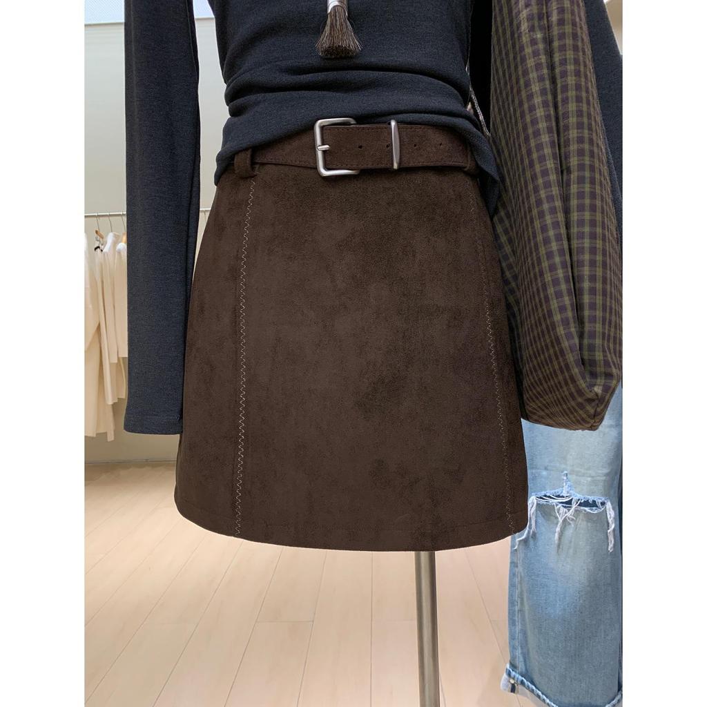 Korean Style Retro Brown Deerskin Suede Plus Size Hip-Hugging Short Skirt for Women