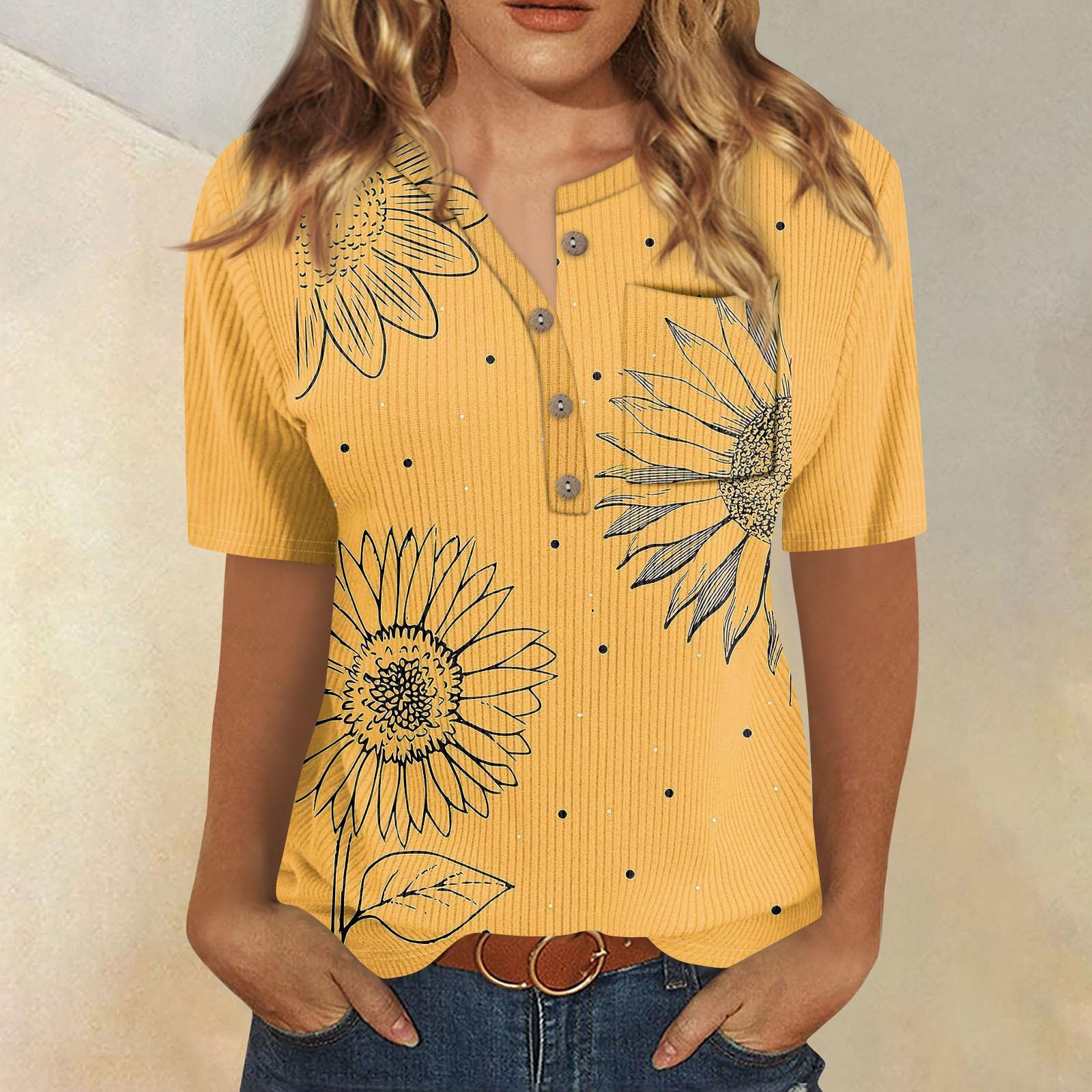 

Футболки для женщин, плиссированные, с V-образным вырезом, нарядные, повседневные блузки с принтом, короткие рукава, летние топы, свободный крой XL жёлтый