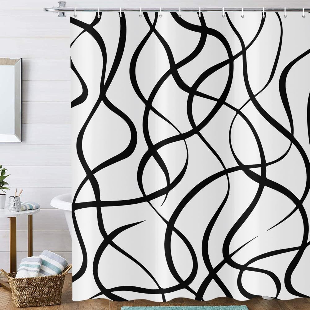 Black and White Shower Curtain, Modern Striped Wavy Line Bathroom Curtain Abstract Geometric Art Waterproof Fabric Bathtub