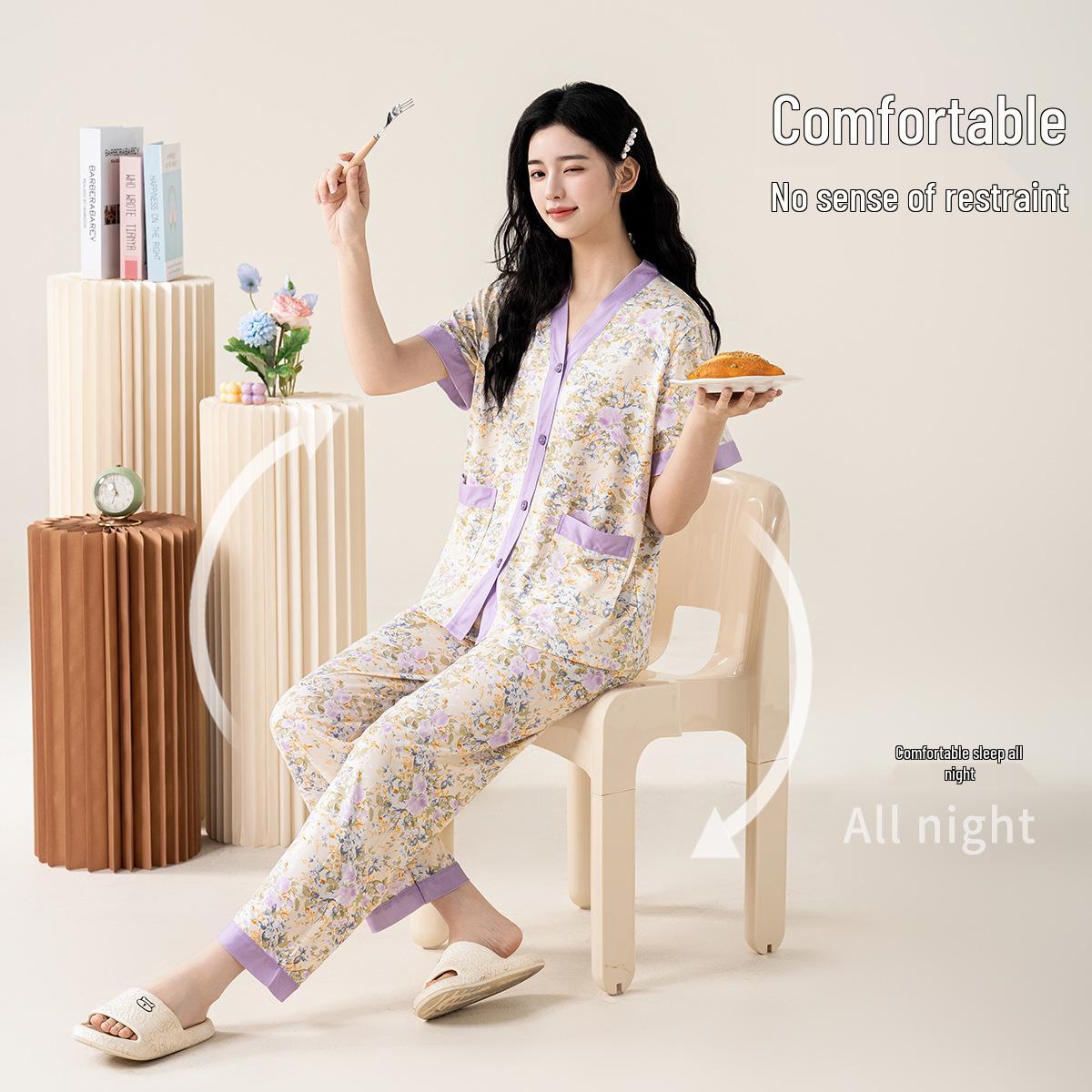 

Женский пижамный комплект из трех предметов с цветочным принтом - Весна/Лето, Свободный крой, Фиолетовая мелодия, Универсальный для дома или улицы 3XL фиолетовый