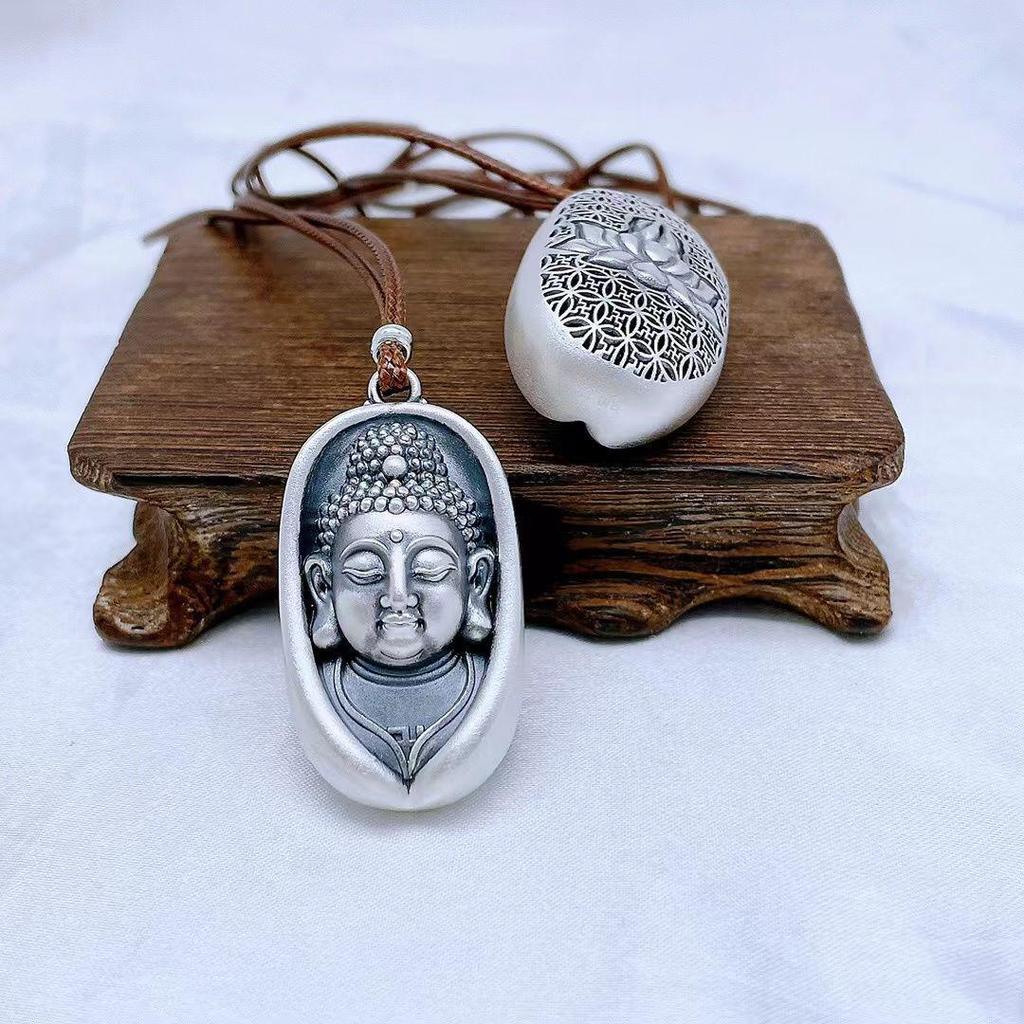 999 Sterling Silver Buddha Head Pendant Necklace with Lotus for Women - Retro Ethnic Style