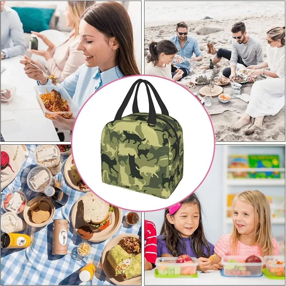 Insulated Lunch Bag Reusable Cooler Thermal Cat Camouflage Military Green Tote Bag with Front Pocket for Travel Work Picnic