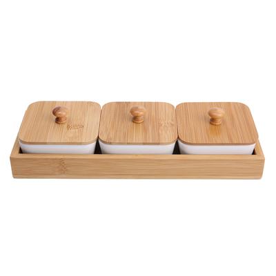 Platou ceramic pentru servirea aperitivelor cu capac din bambus pentru fructe, nuci, deserturi (3 Compartiment)