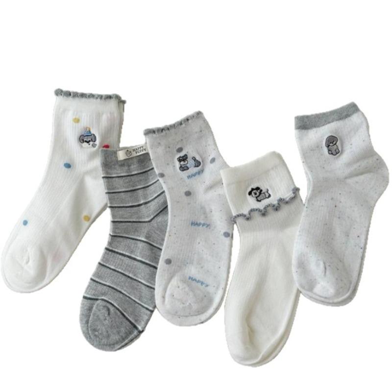 Sock Children's Summer Embroidery Dog Mid-length Socks, Cute Fabric Label, School-style Striped Pile Socks