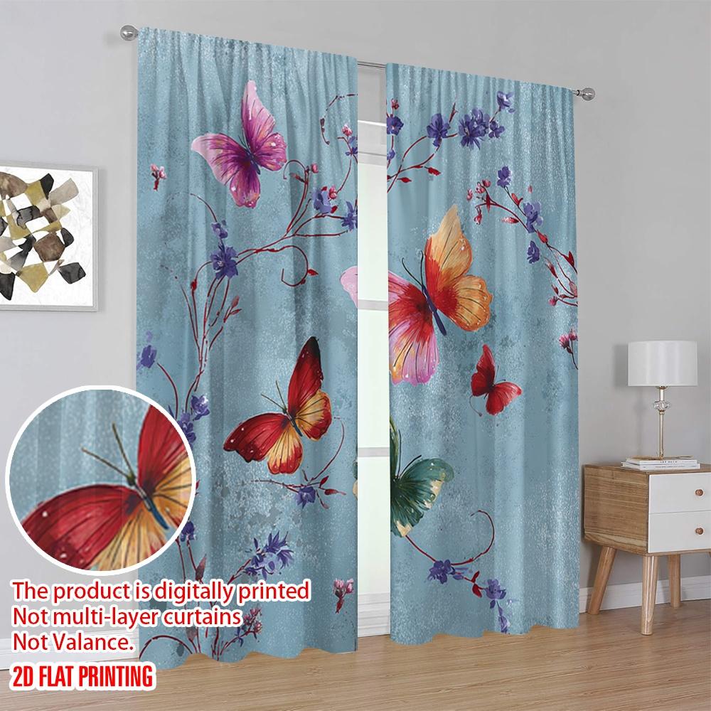 2pcs 2D flat printing Curtain Vintage Butterfly Floral Watercolor Digital Printed Polyester Drapes Festive Wall Decor Use for