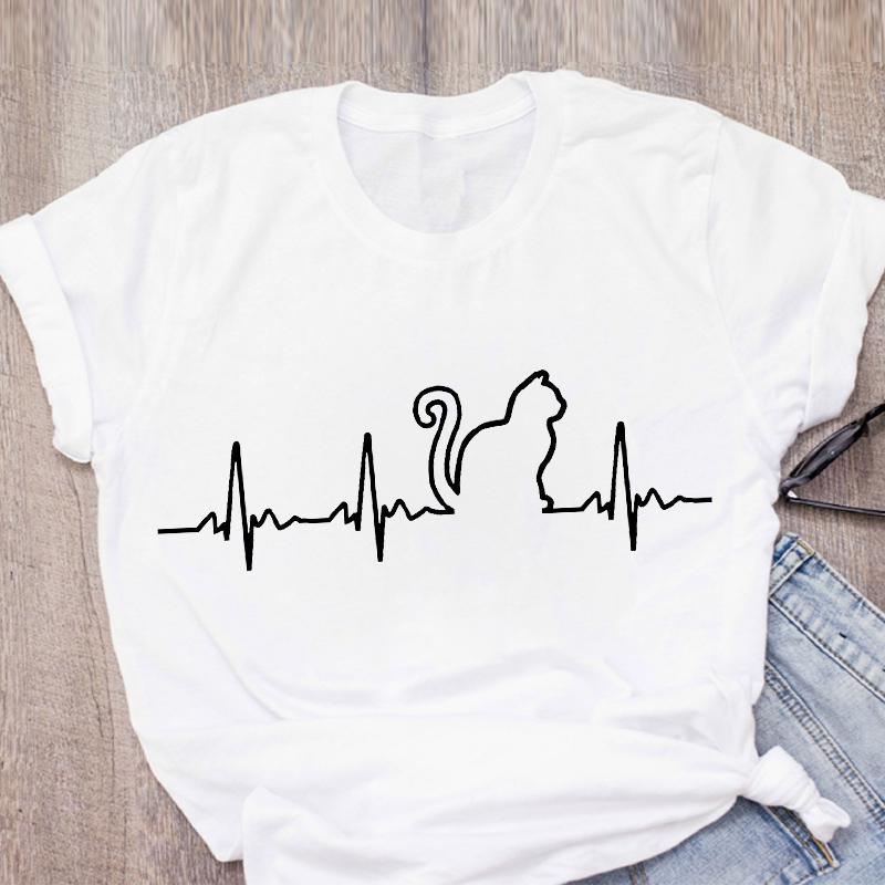 Cat Coffee Paw Strawberry Women's T-Shirts Cute Cartoon Top Female T Shirt Summer Funny Clothes O-Neck Ladies Tee Tops Shirts
