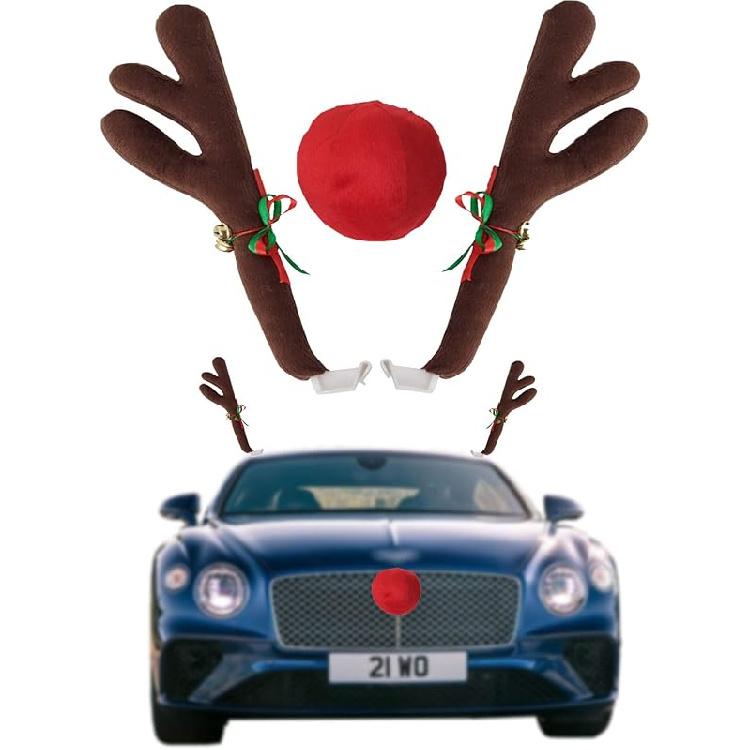 Car Reindeer Antlers & Nose - Window Roof-Top & Grille Rudolph Reindeer Jingle Bell Christmas Costume - Auto Accessories Decoration Kit Best For Car