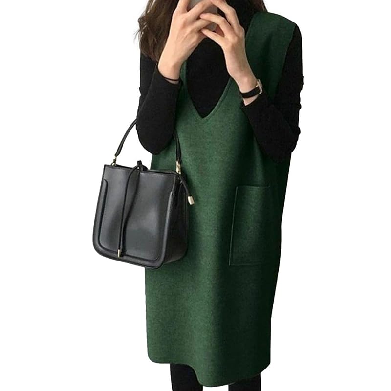 

[1/2style]Nibun Noichi style jumper skirt v neck one piece tight knit pocket commute office ladies (Green,XL)