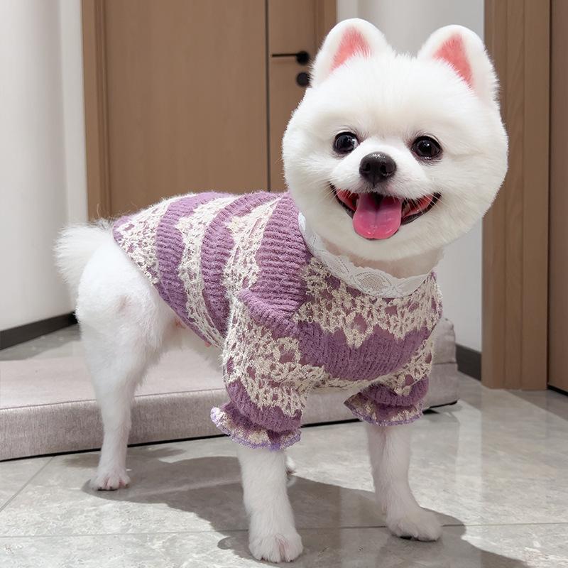 S-2XL Purple Pet Dog Sweater Autumn Winter Warm Dog Cat Clothes 1.5-10kg Lace Pet Sweaters for Small Medium Dogs