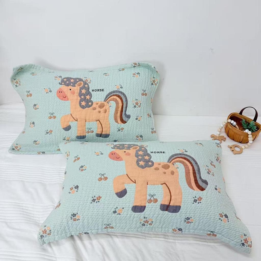 Cartoon Cotton Gauze Pillowcase Set: Soft, Breathable, Sweat-Absorbent Pillow Covers.
