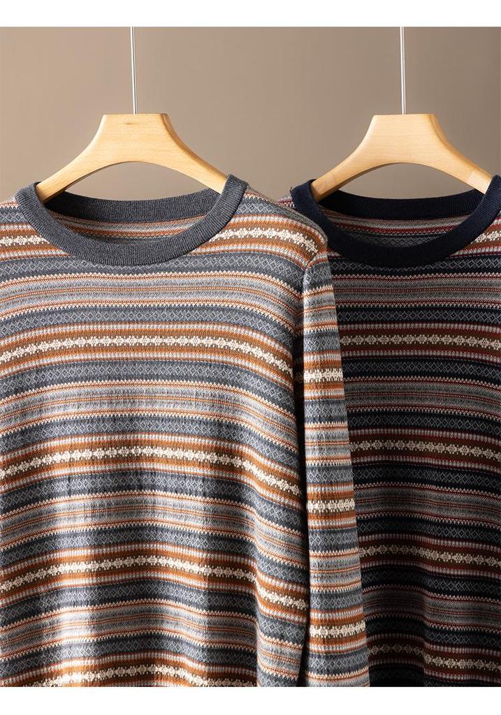 Women's Elegant Fine-spun Wool Striped Fair Isle Jacquard Sweater for Spring/Autumn 2026