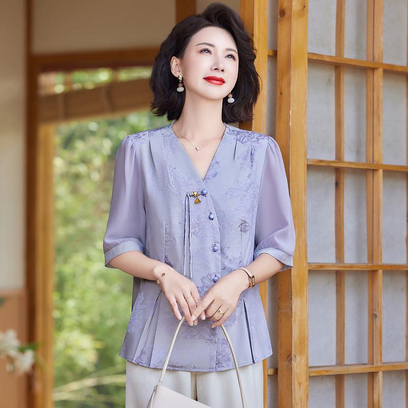 Stylish 2026 Summer T-shirt Blouse Set for Middle-aged Women - Chinese National Style Two-piece 4XL