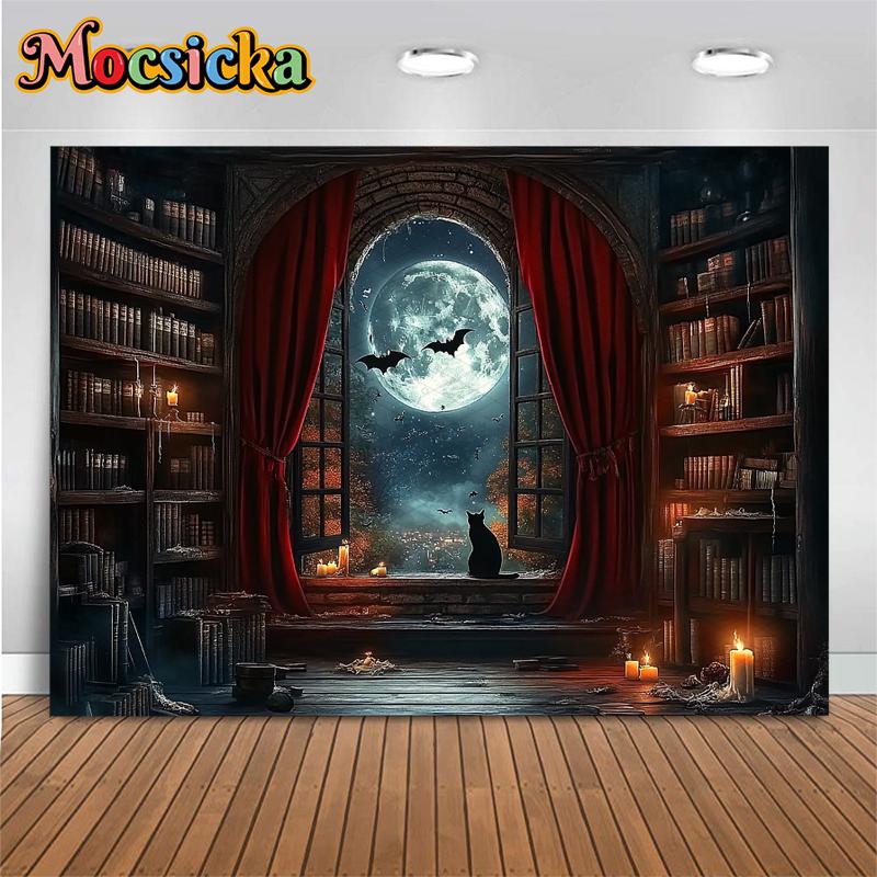 Mocsicka Halloween Background Ancient Night Moon Bat Indoor Home Bookshelf Decorations Child Baby Portrait Photo Backdrop Banner