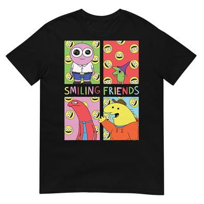 T-shirt Divertente a Fumetti con Griglia di Personaggi Pop Art Smiling Friends