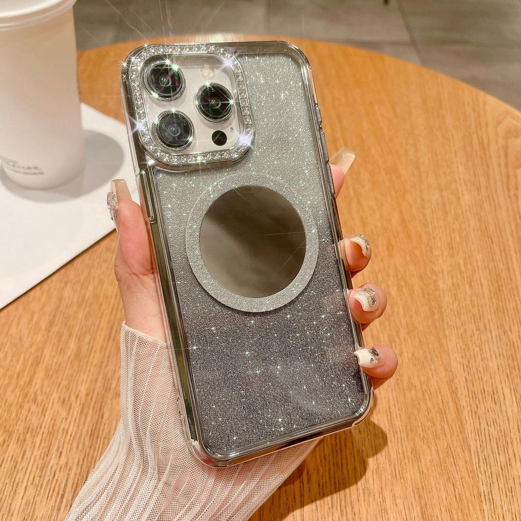 Luxurious Water Diamond Is Suitable for IPhone15 Phone Cases, Apple 14Promax Mirror Magnetic Attraction 13 Gradient Glitter Hard Case