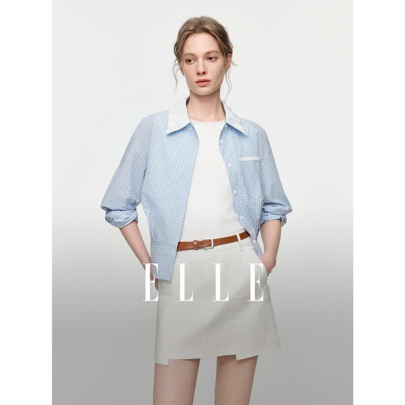 ELLE Color Block Plaid Shirt L