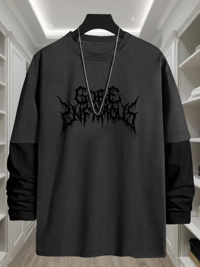 Men's Faux Layered Long Sleeve T-Shirt, Quick Dry Moisture Wicking Tops, Regular Fit for Food Truck Outdoor Snack Errands Daily Wear