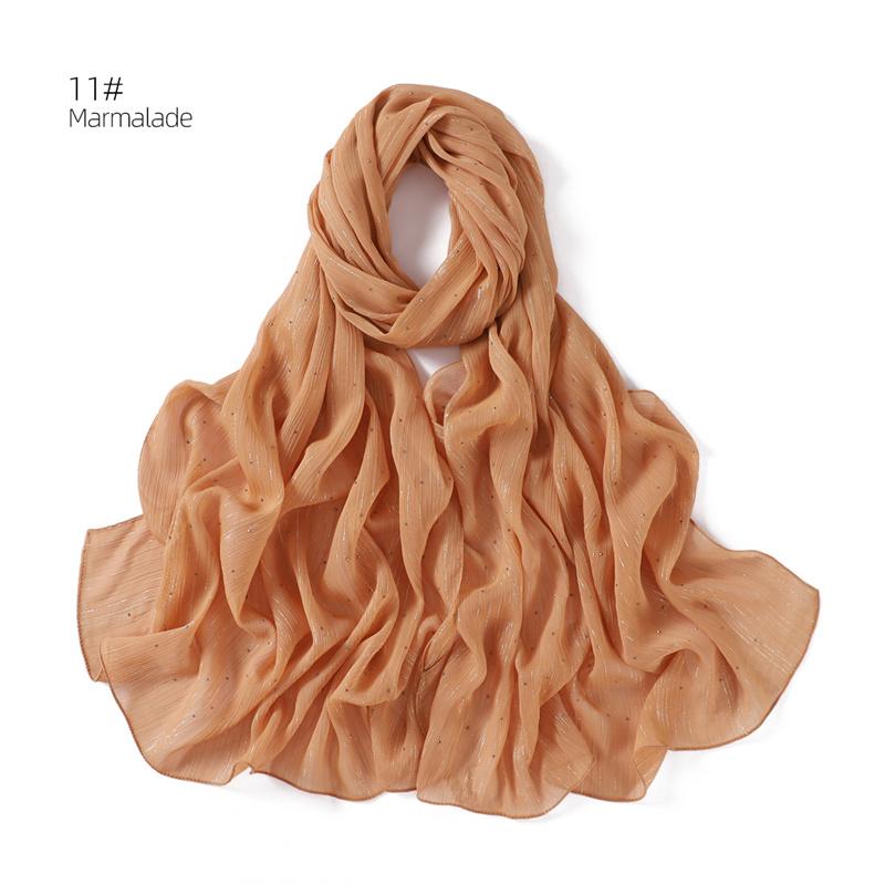 175*70cm Islamism Solid Color Silver Wire Diamond Chiffon Scarf Muslim HIjab Wrinkles Women's Headscarf Shawl Ramadan