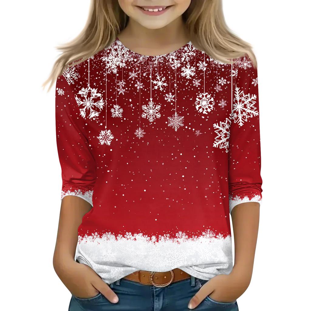 Christmas Day Print Tops For Youth Girls 4-11 Years Round Neck 3/4 Sleeves T-Shirts Trendy Tops Outfit Tees