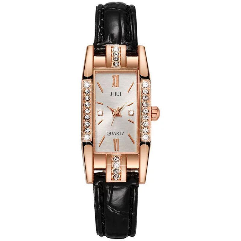 

Classic vintage rectangular women s watch-rose gold case PU leather fashionable casual business quartz watch suitable daily wear чорний