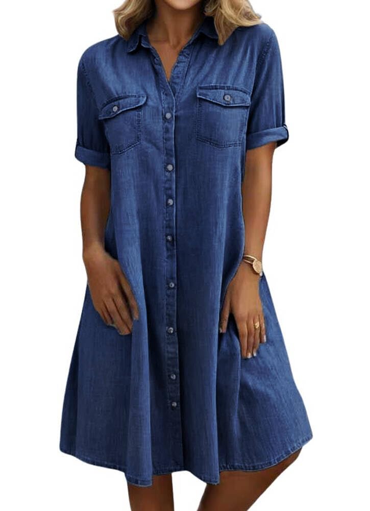 Women's Summer Short Sleeve Denim Shirt Dress Business Casual Button Down Midi Long Jean Dress