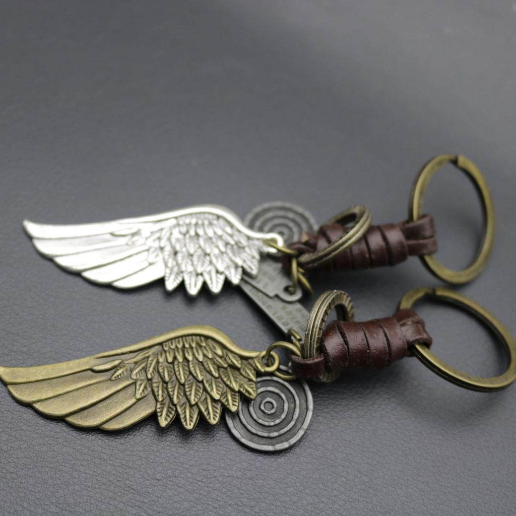 Men's Antique Bronze Wing Keychain with Woven Leather Pendant