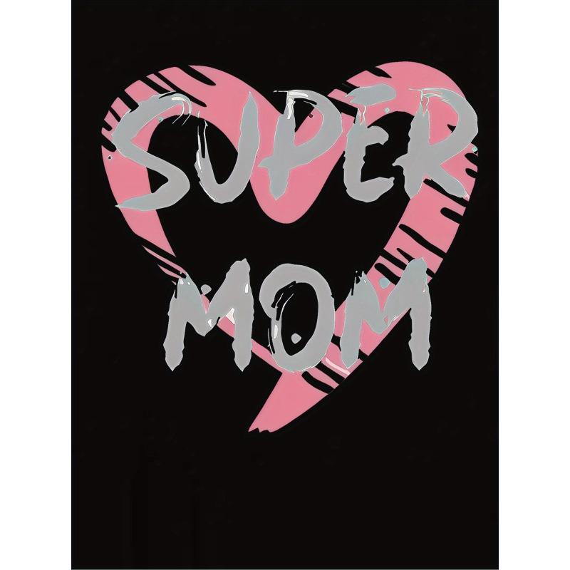 European size Women'S Oversized 'Super Mom' Graphic T-Shirt with Pink Heart  Bold Lettering - Soft Stretch Crew Neck Short Sleeve Top