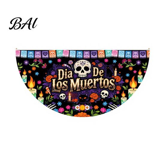 Sugar Skull Fan Flag Day of The Dead Bunting Banner, Marigold Print Fiesta Mexican Festival Home Ornament Hanging Flag, Colorful Outdoor Yard