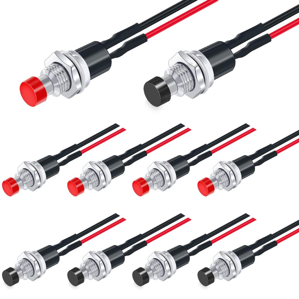 12Pcs 1A 250V AC 2 Pins SPST 6 Colors Normal Open Mini Momentary Push Button Switch with Pre-soldered Wires PBS-110-X6C