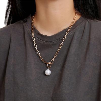 Fashion Retro Metal Chain Long Sweater Chain Women, Creative OT Buckle Pearl Pendant Necklace