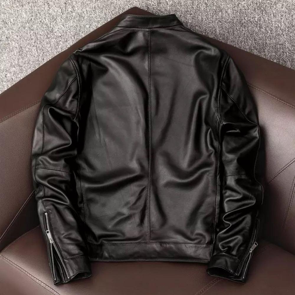 Hübsche, schlichte Lederjacke aus reiner erster Schicht Schaffelllederjacke für Herren, kurze, lässige Stehkragenjacke