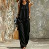 Women Sleeveless Front Pleated Crop Top Wide Leg Pants Set Solid Color Casual Outfit