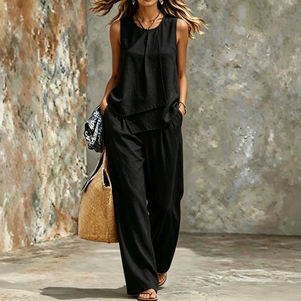 Women Sleeveless Front Pleated Crop Top Wide Leg Pants Set Solid Color Casual Outfit