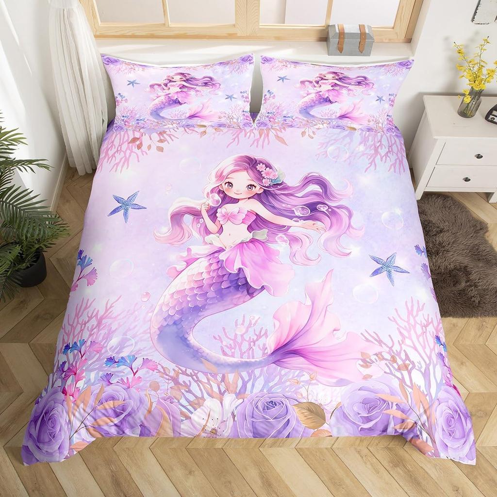 Cute Mermaid Tail Duvet Cover Set Queen King Size Fairy Tale Themed Princess Bedding 3 Pcs For Girls Bedroom Decor Super Soft