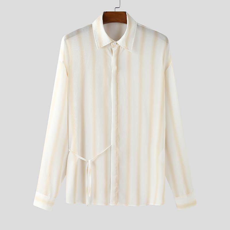 INCERUN Men Lapel Neck Long Sleeve Striped Side Lace-up Casual Oversized Shirts