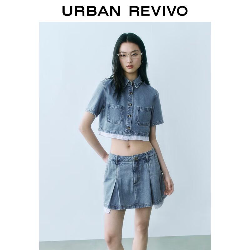 UR Women s Spliced Stripe Short-Sleeve Denim Shirt S