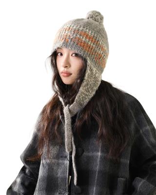 Knit Hat with Fair Isle Retro for and Outings Free [LINSHIN] Women's Hood, Autumn/Winter, Pattern, Earflaps, Style, Colorful, Soft, Warm, Stylish,