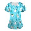Women's Printing Short Sleeve V-neck Tops Working Uniform Pocket Blouse