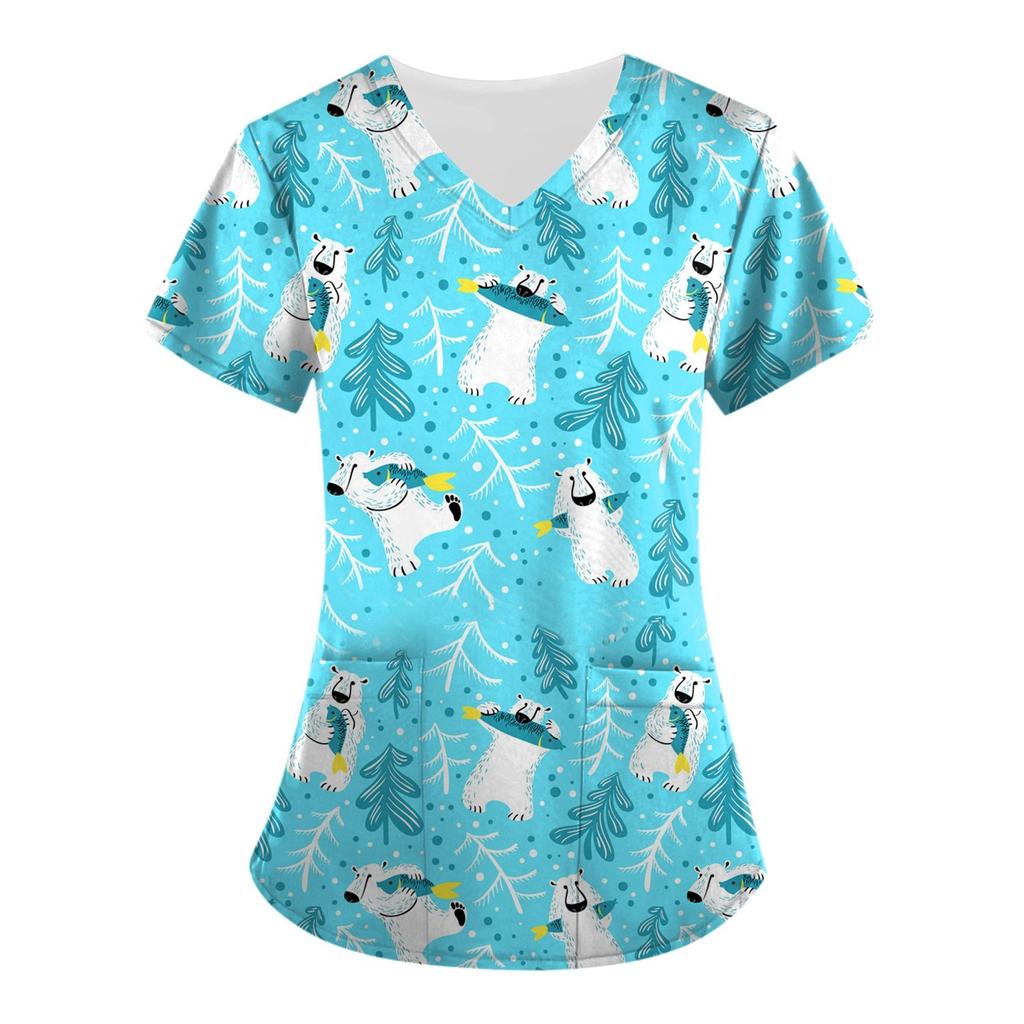 Women's Printing Short Sleeve V-neck Tops Working Uniform Pocket Blouse