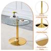 Table and Chair Collection: 85 Cm Diameter, Modern Minimalist Round Glass Table with Golden Metal Support, Matching 4 Black-Gold Modern Dining Chairs.