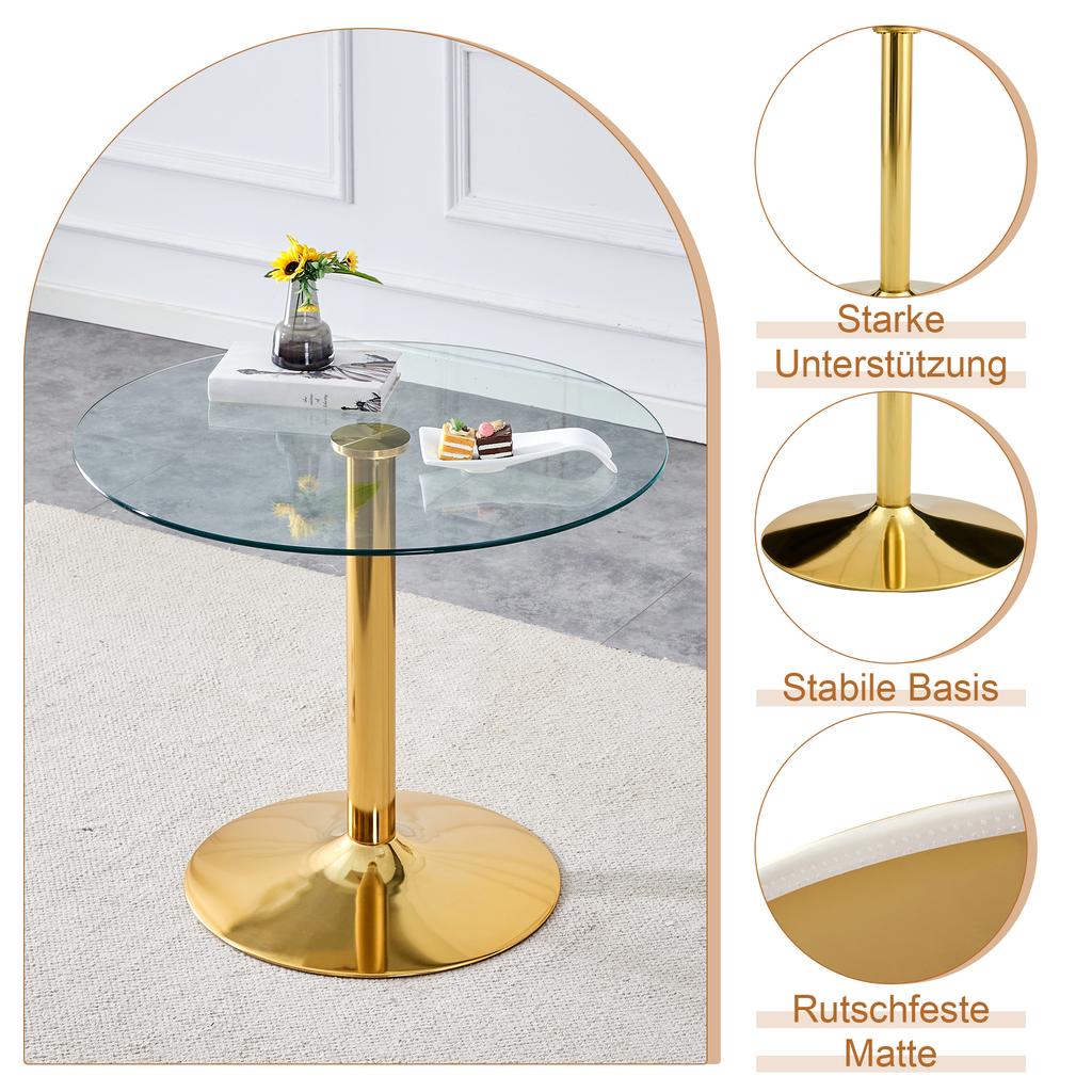 Table and Chair Collection: 85 Cm Diameter, Modern Minimalist Round Glass Table with Golden Metal Support, Matching 4 Black-Gold Modern Dining Chairs.