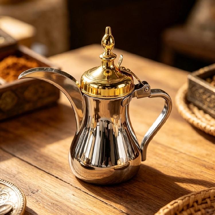 Long Spouts Coffee Pot for Home Coffee Service, Rustproof Steel Arabic Teapot Pitcher Kettle with Gold Lid, Multipurpose Milk Water Jugs