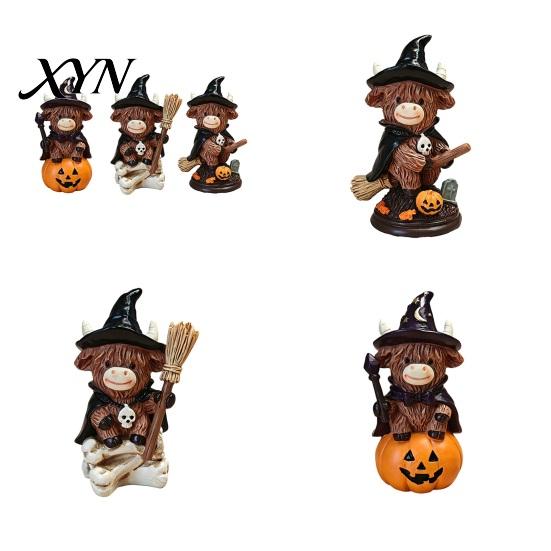 Festive Halloween Prop Highland Cow Figurine, Witch Pumpkin Skull Statue, Resin Scottish Small Desk Ornament for Calf Lovers, Shelf, Tiered