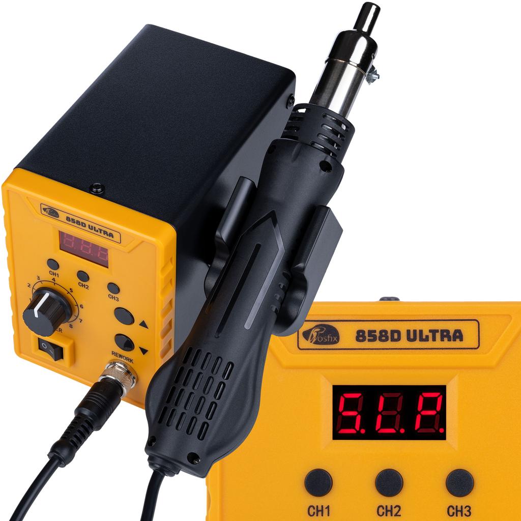 Rosfix 858D Ultra Sıcak Hava 700W – Havya İstasyonu ve Plastik Kaynak Makinesi | 100-500°C | 120 l/dk | 3 Başlık ve Havya Sensörü