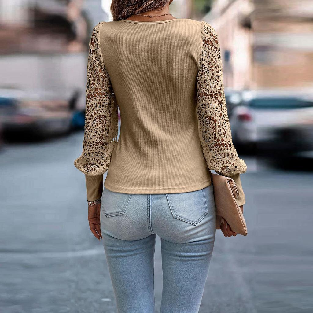 Top de damă toamnă/iarnă, de culoare uni, cu decolteu în U, cu mâneci lungi, cu flori tăiate, tricot sexy