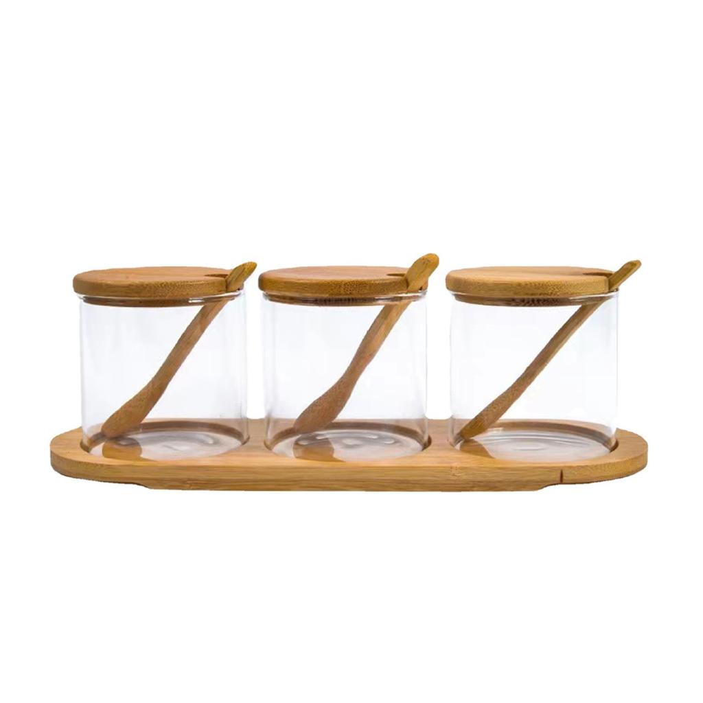 3 stk Glass Oppbevaringskrukke Salt Godteri Kjeks Te Kaffebønner Organizer Flaske Trelokk Beholder Krukke Mat Frokostblanding Kjøkkenoppbevaring