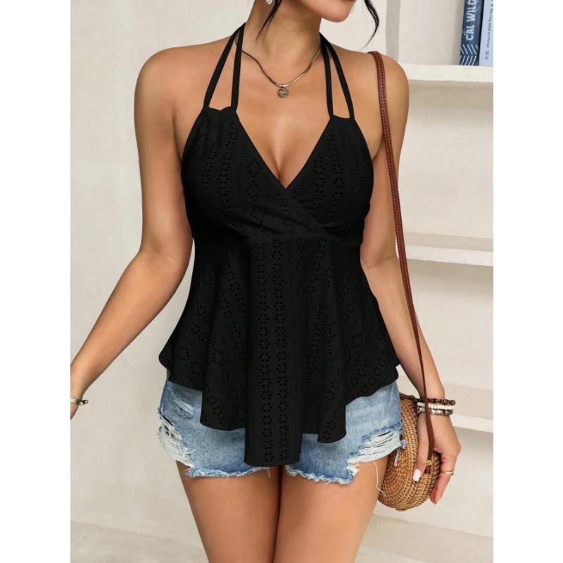 Womens V Neck Wrap Tank Top With Eyelet Embroidery Spaghetti Strap Casual Peplum Sleeveless Blouse