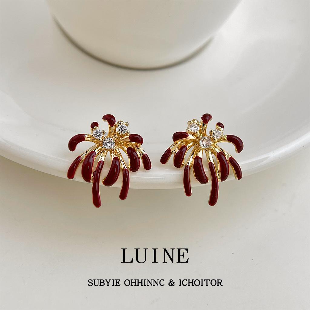 Bright fireworks slightly inlaid zircon enamel drop glaze burgundy s needle earrings 