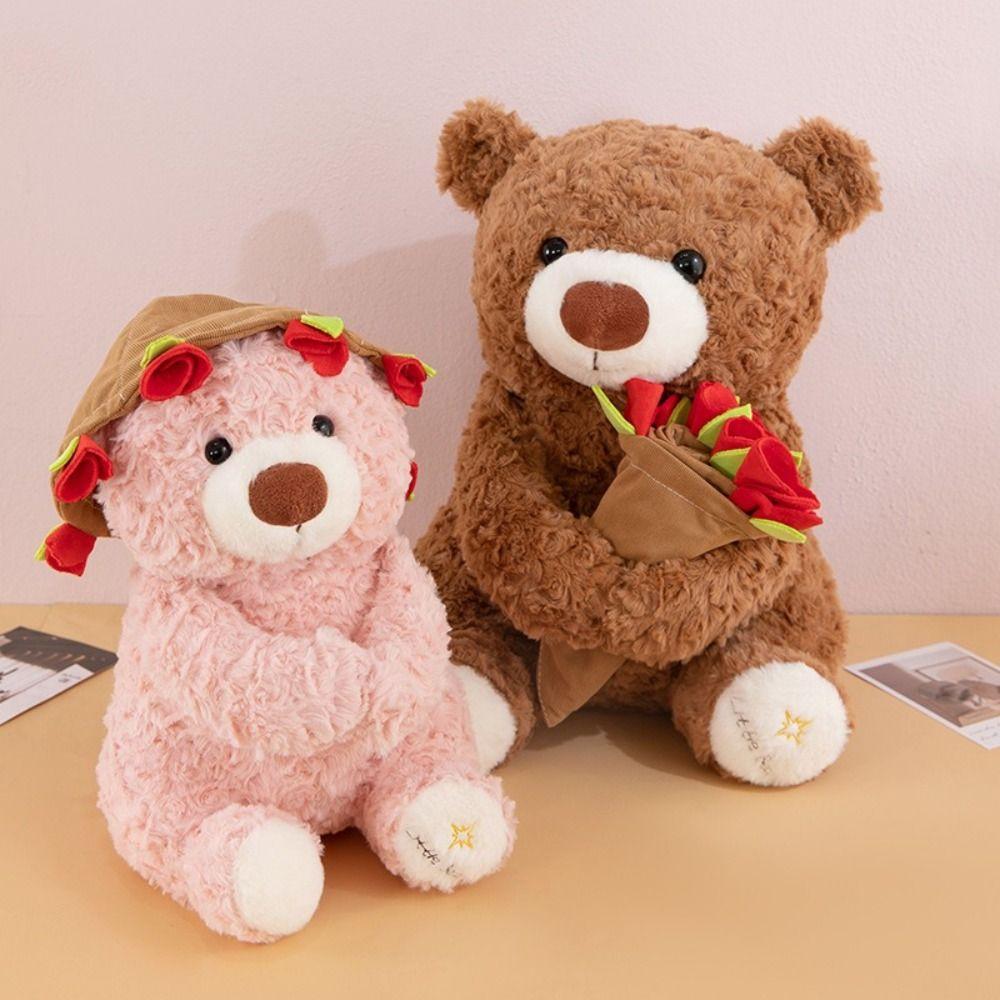 Romantic Holding Flowers Bear Doll Detachable Bear Wear Rose Hat Bouquet Bear Doll Birthday