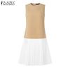 ZANZEA Women Casual Round Neck Sleeveless Pleated Patchwork Dress